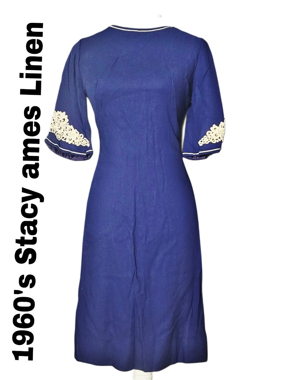 Vintage1960s Stacy Ames Linen Midi Dress with Cream Lace Trim Sleeves
